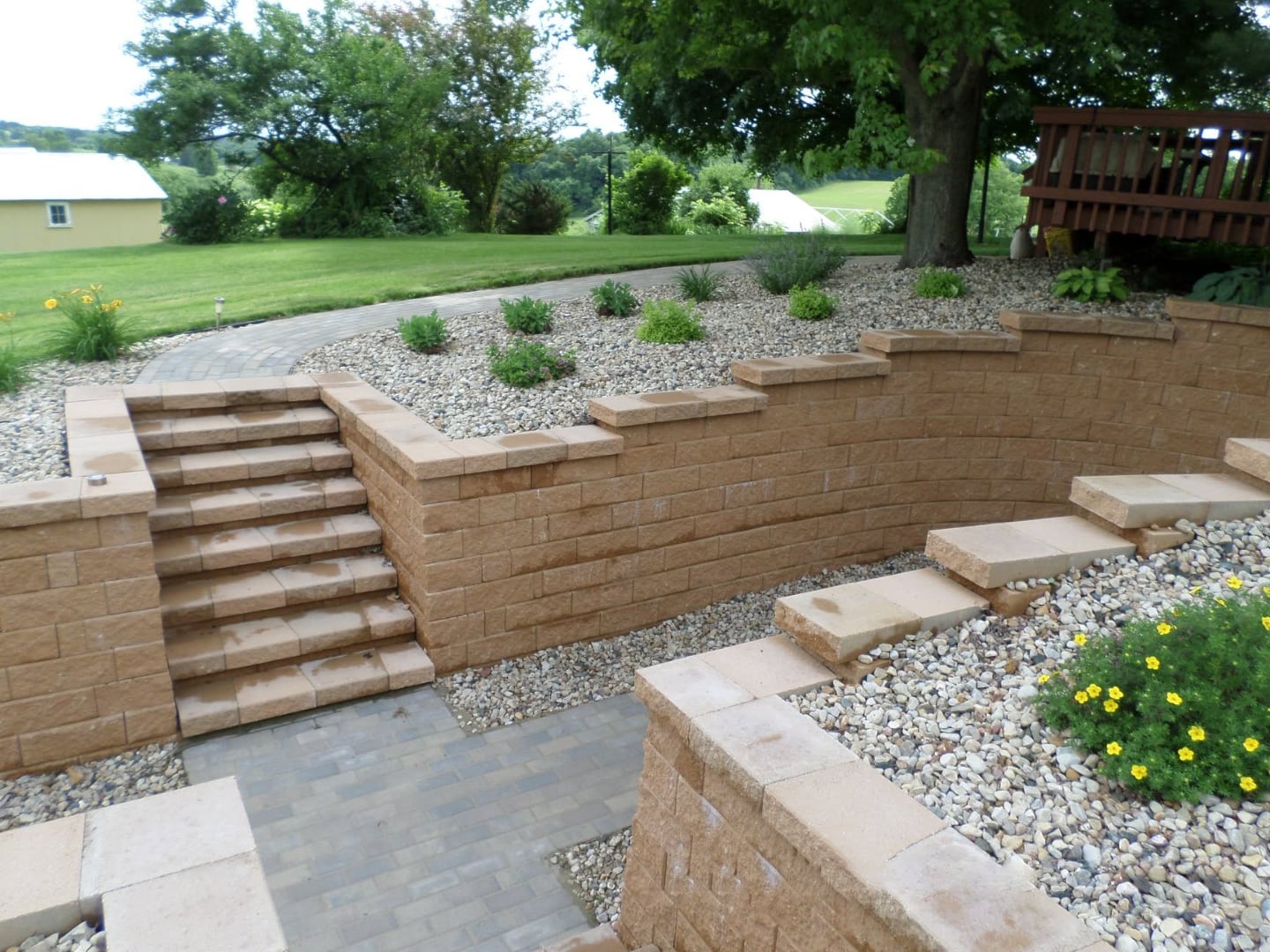 Retaining wall with steps and planting beds — common on sloped Grant County lots